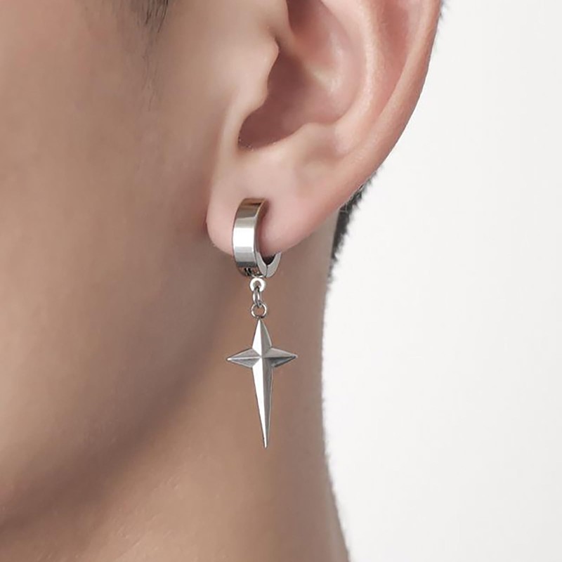 Silver Plated Star Hoop Earrings for Men Punk Star Dangle