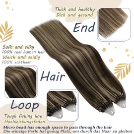 Ugeat Real Hair Extensions, Bonded Extensions, Micro Ring, P4/27 Dark Brown to Caramel Blonde Streaked, 40 cm, 50 g, 50 Strands