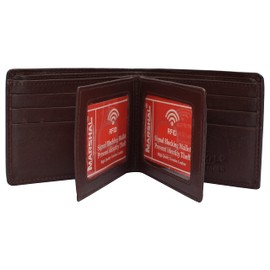 MARSHAL RFID Blocking Men's Bifold Leather Wallet With Double Center Flap And 3 ID Windows (Burgundy)
