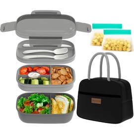 JBGOYON® Bento Lunch Box Set - 3 Stackable Containers for Adults and Kids- Includes Lunch Bag, Leak-Proof and BPA-Free - Built-in Utensil Set and Snack Bag - Dishwasher Safe(Grey Black)