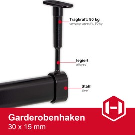 Gedotec Wardrobe Rail Bearing for Ceiling Mounting Wardrobe Rail Holder for Wardrobe Rails Clothes Rail Attachment 30 x 15 mm Steel Black 1 Piece Ceiling Rail Holder Oval Height Adjustable