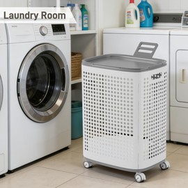 Laundry Basket with Wheels & Lid, Rolling Clothes Hamper with Lid for Laundry Room, College Dorm, Bathroom, Bedroom - Ventilated Plastic Storage Basket with Handle, White (Medium)
