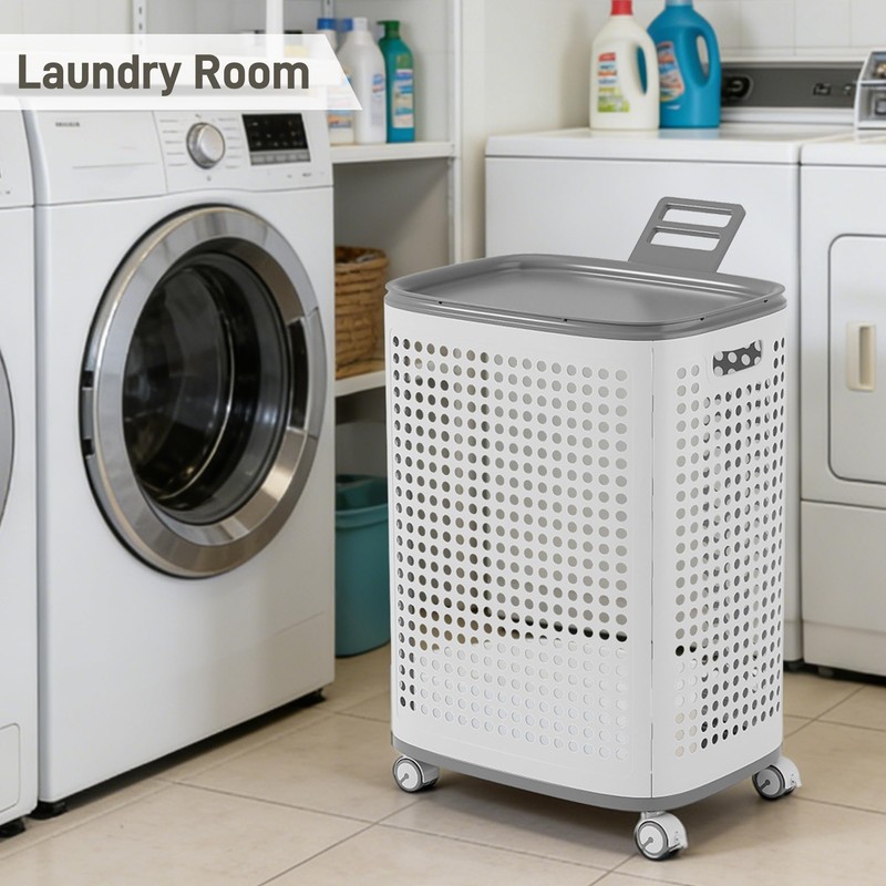 Laundry Basket with Wheels & Lid, Rolling Clothes Hamper with