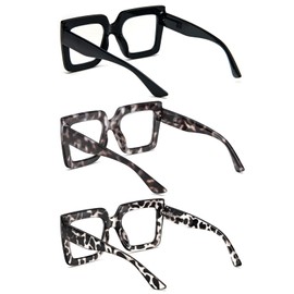 REAVEE 3 Pack Oversized Reading Glasses for Women Large Frame Extra Wide, Blue Light Blocking Readers Stylish Square Thick Eyewear,Black+Black Leopard+Clear Leopard, 2.5