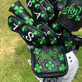 Golf Headcover Lucky Clover Golf Wood Cover Set Black Golf Driver Cover Fairway Utility Hybrid Headcover Aliennana Premium Embroidered Leather Black Fashion