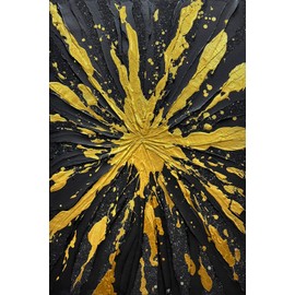 V-inspire Art Modern Abstract Canvas Wall Art, Black and Gold Starburst Design, Hand-Painted Oil Acrylic, 28x40 Inch