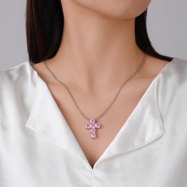 Yumikoo Pink Cross Necklace Cubic Zircon Cross Pendant Necklace - Silver-Plated Copper with Six Stone Setting (Pink)