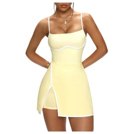 SweatyRocks Women's Tennis Dress with Built in Shorts and Bra Spaghetti Strap Split Hem Golf Dress Yellow Large