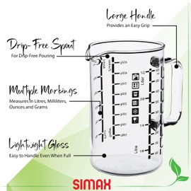 Simax Glass Measuring Cup, 16 Ounce Durable Borosilicate Glass, Easy to Read Metric Measurements, Liter, Milliliter, Ounce, Sugar Grams, Flour Grams, Drip Free Spout, Microwave and Dishwasher Safe
