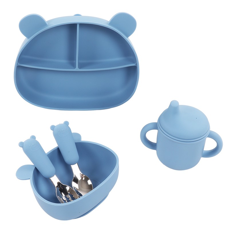 5pcs Baby Feeding Kit Food Grade Silicone Bear Design Plate