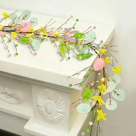 DR.DUDU Guirnalda de Pascua de 6 pies con huevos de Pascua, guirnalda floral artificial preiluminada, decoración de primavera para interiores y exteriores, hogar, cocina, chimenea, fiesta de