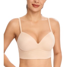 Exclare Women's Wireless Lightly Lined Longline Underwire Push Up Padded Multiway Deep V Plunge Long Model Cup Everyday Bra（Beige,36B