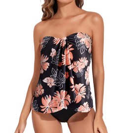 Tempt Me Floral Black Two Piece Tankini Bathing Suits for Women Halter Bandeau Swim Top with Bottom Flyaway Tummy Control Swimsuit XL