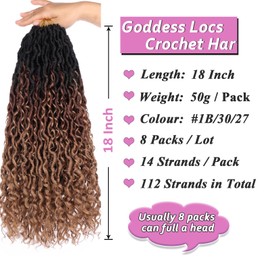 Samtress 18 Inch New Goddess Locs Crochet Hair 8 Packs Curly Faux Locs Synthetic Hair Pre-looped Bohemian Soft River Locs Crochet Hair Synthetic with Curly Ends for Black Women (#1B/30/27)