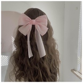 Xduargs Vintage Silky Bow Hair Clips Long Silk Satin Bow Hairclips Barrettes French Chiffon Hair Clip Barrette Large Silky Bow Hair Clips Long Silk Ribbon Bow Hair Clips Headpiece for Women(Pink)