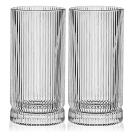 16oz Drinking Glasses Set of 4, Tall Glass Cups Fits Ice Coffee, Cocktail, Jiuces, Ribbed Glassware Elegant Highball Water Glasses for Home, Kitchen, Bar