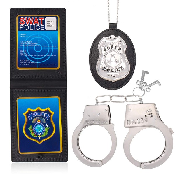 Beelittle Police Handcuffs Police Badge Role Play Set for Swat Detective FBI Halloween and Police Costume Dress up Party Favor Supplies (A)
