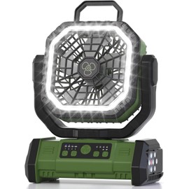 Honesorn 20000mAh Battery Powered Fan with LED Light & Remote, Green | Up to 60H Runtime, 45°/90°Oscillating, Hanging Hook, 4 Speeds, 8H Timer, USB-C
