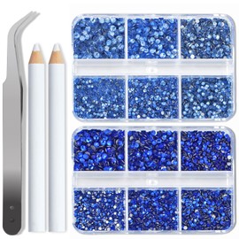Bymitel 7200 Pieces Lt.Sapphire and Sapphire Rhinestones Flat Back 6 Mixed Sizes Crystal Round Glass Gems with Tweezers and Picking Rhinestones Pen