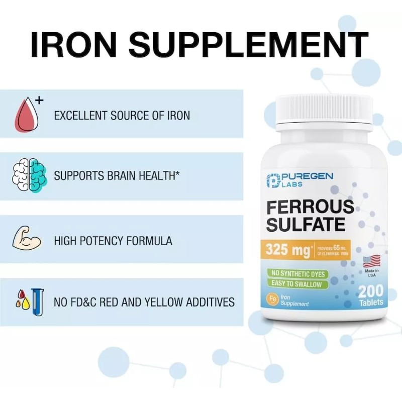 Puregen Ferrous Sulfate 325mg 65mg Elemental Iron High Potency Iron