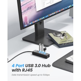 ORICO USB 3.0 to Ethernet Adapter, 4-in-1 USB 3.0 Hub with RJ45 10/100/1000 Gigabit Ethernet Adapter with 6ft Long Cable Compatible with Mac OS 10.X and above, Linux, Android-Black