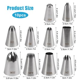 Pack of 10 large seamless nozzles, piping nozzles set made of stainless steel, piping nozzle for cupcakes, piping nozzles set, professional stainless steel, seamless stainless steel piping nozzles,
