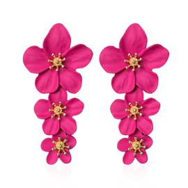 Vavhoo Bohemian Daisy Flower Matte Floral Petal Drop Dangle Earrings 3 Layered Tiered for Women Chic Boho Wedding Jewelry (Hot Pink)