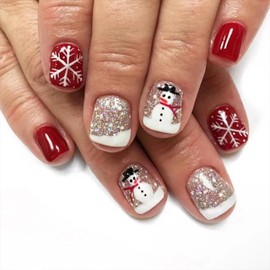24Pcs Short Square Christmas Press on Nails Red Fake Nails Snowflake Snowman Design Press On False Nails Glitter French Acrylic Nails Reusable Glossy Artificial Nails for Women Acrylic Manicure Salon