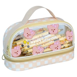 JAHEMU Pencil Case Bear Kawaii Pencil Case Large Capacity Pencil Bag School Girls Transparent Makeup Bag Pencil Case Stationery Bag, Yellow, Bear