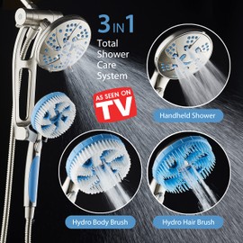High Pressure 6-in-1 Aquassage by AquaCare - 76-mode 3-way Combo, Showerhead, Hand Shower, Body Brush, Hair Brush & Arm in One! Two Brackets, Extra-long 6 foot Stainless Steel Hose, Brush Head Holder