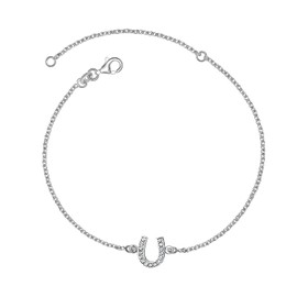 LeCalla 925 Sterling Silver Horseshoe Ankle Bracelets for Women | Adjustable Goodluck HorseShoe Charm Anklet with Sparkling Cubic Zirconia Stones 11 Inches