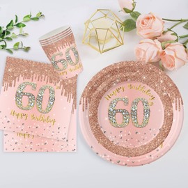 POPOYU 16Pcs 60th Birthday Rose Gold Paper Plates 9 inch, Woman Disposable Party, Happy Tableware Decorations for Her, Women, Gifts Supplies