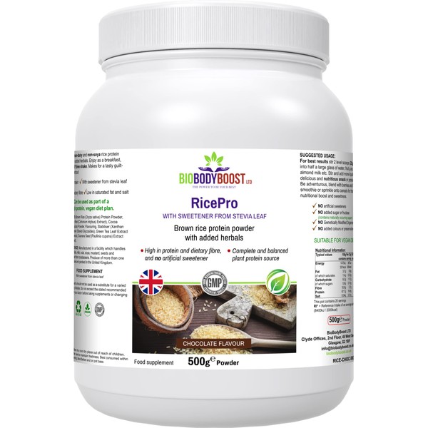 RicePro |Chocolate Taste| Brown Rice Protein Powder with Added Herbals | Chicory Root Extract, Phyto-Nutrients from Guarana Seed Extract | 16.9g Protein per Serving | 500g Vegan Powder