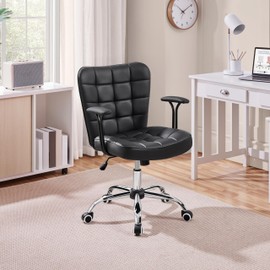 Yaheetech Mid Back Faux Leather Office Chair Adjustable Tilting Vanity Chair Modern Upholstered Desk Chair Task Chair with Detachable Padded Armrests for Home/Office,Black