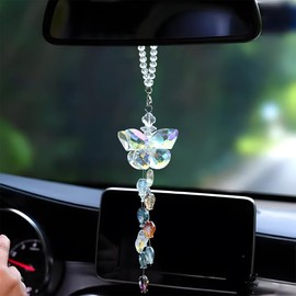 DUSCOKE Bling Butterfly Car Hanging Ornament, Crystal Glass Car Rear View Mirror Charm, Lucky Auto Interior Pendant Present, Cute Vehicle Decoration Accessories for Women (Colorful Fish)