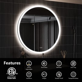 ROOMTEC 32" Round LED Bathroom Mirror, Wall-Mounted, 3-Color Dimmable, IP54 Waterproof, Smart Touch, Anti-Fog Vanity Makeup