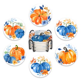 Paayna Fall Blue Pumpkin Drink Coasters with Holder Set of 6, Autumn Watercolor Absorbent Ceramic Cup Mat for Coffee Table Protection, 4 Inch Thanksgiving Home Kitchen Decor Housewarming Gifts
