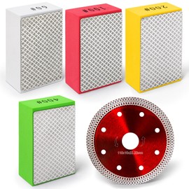 Hakkin 4Pcs Diamond Hand Polishing Pads and 1Pcs 115mm Diamond Cutting Discs for Angle Grinder Polishing Pads for Ceramic Tile Glass Grinding, Sanding Blocks Grit 60#, 100#, 200#, 400#