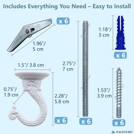 NACETURE E Style Ceiling Hooks for Hanging Plants- 6 Pcs Vintage Style Ceiling Plant Hanger Hooks Outdoor or Indoor- Sturdy Plant Hooks for Hanging Lights, Flower Baskets and More (White 6 Pack)