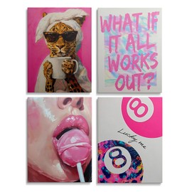 Modern Pop Leopard Pink Wall Art Set of 4 Painting canvas print set featuring a Cool Leopard and Typography,trendy girl,leopard print lucky 8 ball Poster.for the dining room,dorm,home,Unframed8X10in