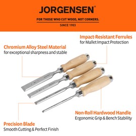 Jorgensen 4-Piece Wood Chisel Set, Chromium Alloy Steel Beveled Edge Wood Chisels, Wood Chisels for Woodworking, Ergonomic Hardwood Handle with Metal Ferrule, 1/4", 1/2", 3/4", 1"