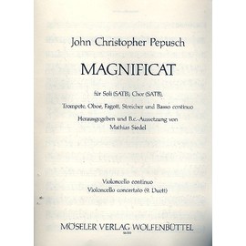 Magnificat: soloists (SATB), mixed choir (SATB), trumpet, oboe, bassoon, strings and basso continuo.