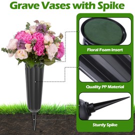 Vivantia 2 Pieces Grave Vases with Spikes & Floral Foam Cemetery Vases Graveside Flowers Holder Graves Flower Vase for Grave Yard Lawn Memorial Garden Decor (Black)