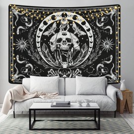 Krelymics Skull Tapestry Black and White Tapestries Snake Tapestry Moth Tapestry Trippy Skeleton Tapestry Mandala Moon Phase Tapestry Wall Hanging for Room(71 x 93 inches)