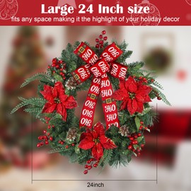 Christmas Wreath for Front Door 24 Inch Artificial Christmas Wreath with Pine Needles,Pinecones Red Berries Decorations Accents, for Decor Indoor/Outdoor Christmas Decoration