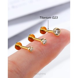 Melighting 14K Solid Gold Flat Back Earring Titanium Threadless Push In Earring 18G Gold Cartilage Earring Clear CZ 6 mm Conch Piercing 3 mm Top Helix Earring