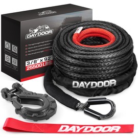 DAYDOOR Synthetic Winch Rope, 3/8 Inch x 92ft 25,500 LBS Synthetic Winch Line, Synthetic Winch Cable for Offroad Vehicle 4WD SUV Jeep, Synthetic Rope with Forged Winch Hook(Gray)