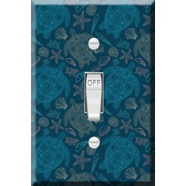 Toggle Wallplate, Single Light Switch Cover Plate - Various shell, algae, starfish, tortoise, coral, on dark blue background