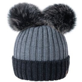 Women Ladies Winter Beanie Hat Knitted Chunky Beanie Hat with Double Faux Fur Pom Pom MFAZ Morefaz Ltd (Dark-Grey Grey)