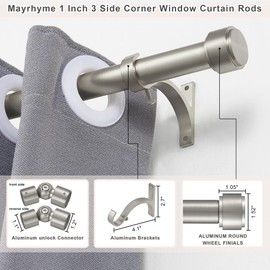 Mayrhyme Brushed Nickel Bay Window Curtain Rods with Aluminum End Cap Finials and Brackets,Adjustable 36-72 Inch Center Rod for windows (24-68’’), 20-36 Inch Side Rods for windows (16-32’’)